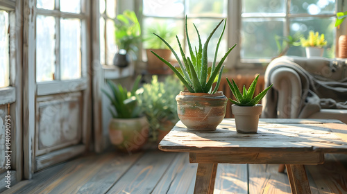 A cozy sunroom with a wooden floor and a wooden side table. There are two aloe vera plants on the side table.