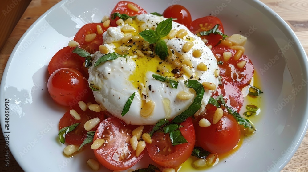 Burrata and Tomato Caprese Salad with Pine Nuts Burrata and Tomato Caprese Salad with Pine Nuts