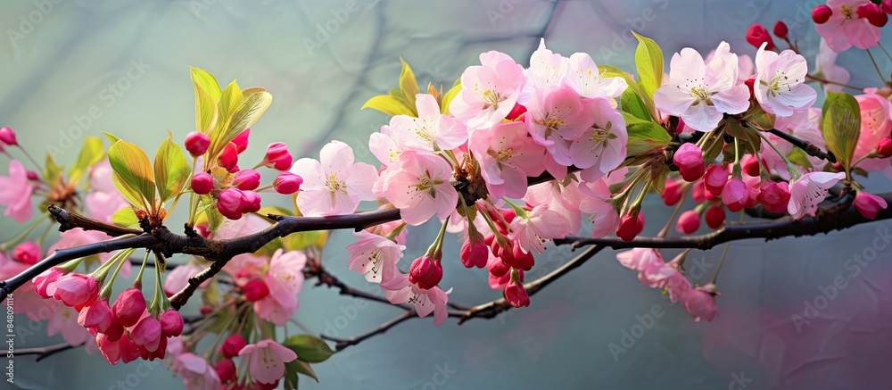 Fototapeta premium Crab apple tree blooming in spring. Creative banner. Copyspace image