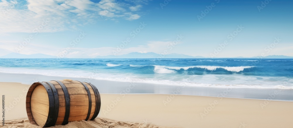 barrel on the beach. Creative banner. Copyspace image barrel on the beach. Creative banner. Copyspace image