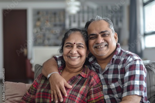 Portrait of a satisfied indian couple in their 50s wearing a comfy flannel shirt while standing against crisp minimalistic living room © Markus Schröder