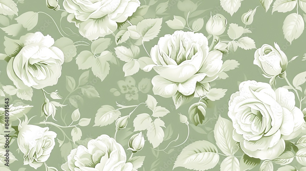 pastel green pattern with white roses on it in shabby chic style