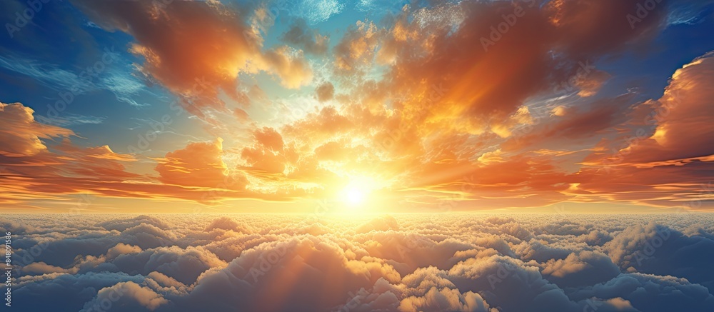 Fototapeta premium Colorful dramatic sky with cloud at sunset Sky with sun background. Creative banner. Copyspace image