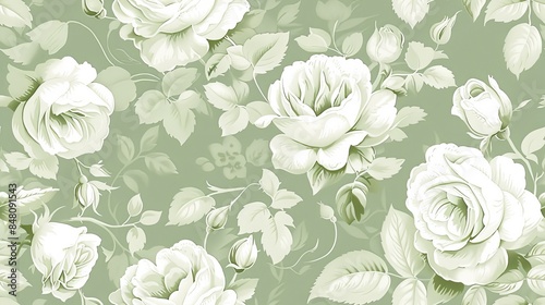 Wallpaper Mural pastel green pattern with white roses on it in shabby chic style Torontodigital.ca