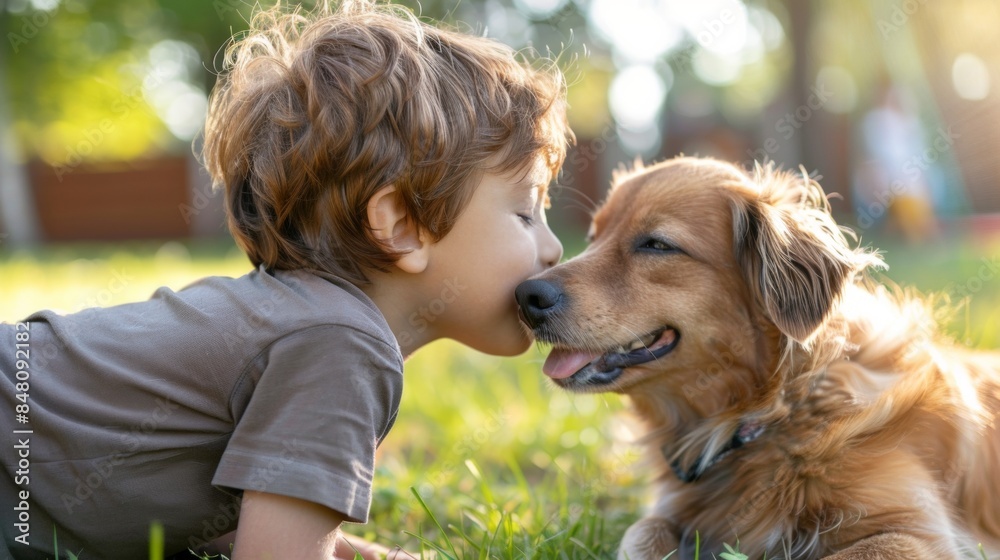 Dog and child kissing on lawn in outdoor park Dog and child kissing on lawn in outdoor park