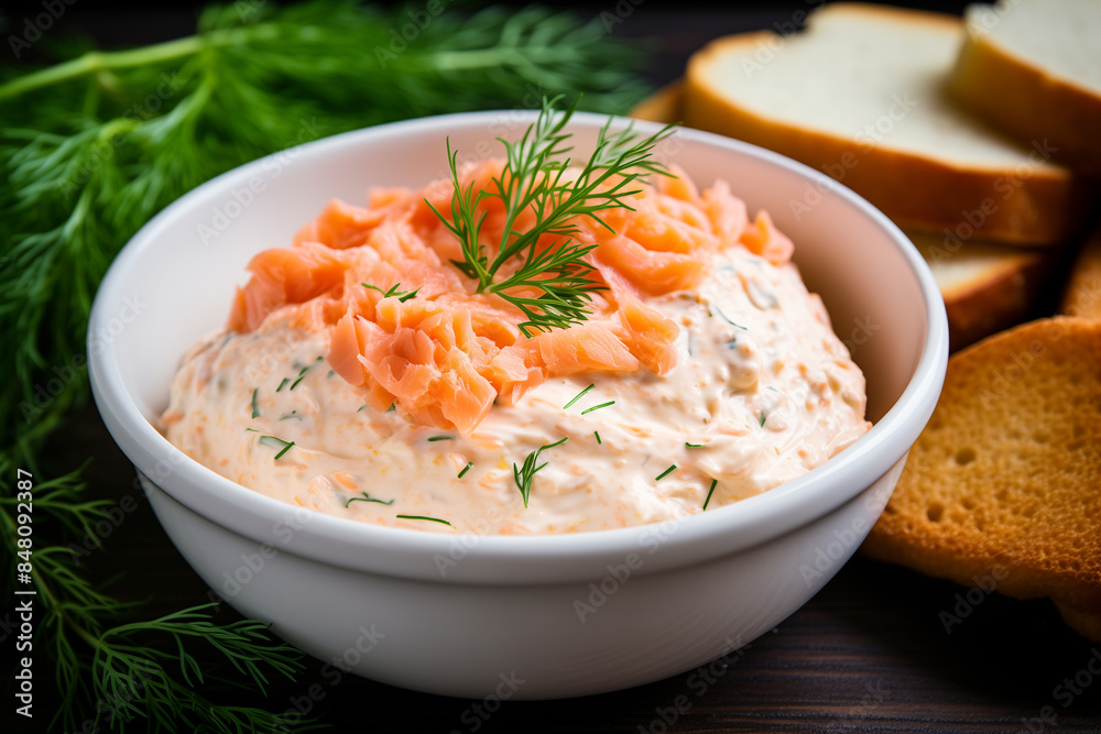 closeup, smooth and creamy smoked salmon dip in bowl closeup, smooth and creamy smoked salmon dip in bowl