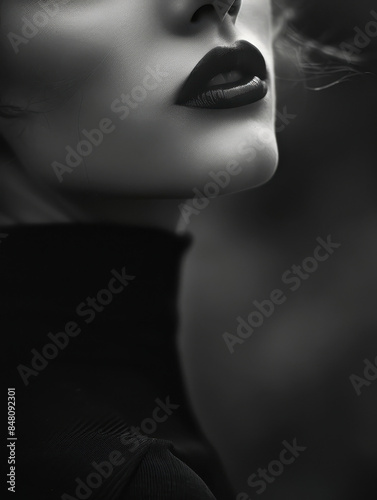 Monochrome Portrait of Woman with Dramatic Makeup and Wind-Swept Hair © Amaven
