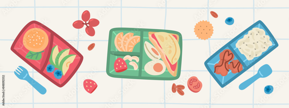 Cartoon Bento Lunch Boxes Illustration.