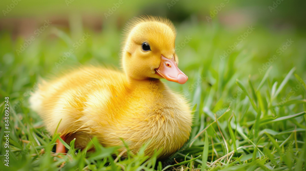 Close-up of yellow little duck on the green grass Close-up of yellow little duck on the green grass