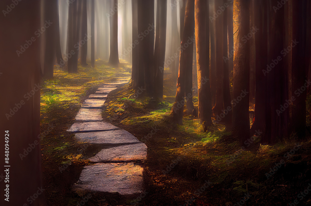 Fototapeta premium 木, 森, 山, 道, 山道, 林, 植物, 草, 光, 曇り, かすみ, tree, forest, mountain, path, mountain road, forest, plant, grass, light, cloudy, haze
