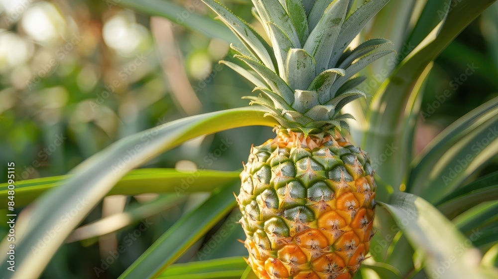 Fresh pineapple close up on tree in a farm Fresh pineapple close up on tree in a farm
