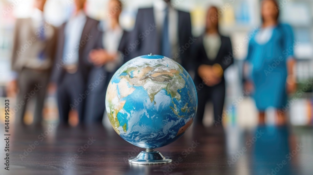 Corporate businesspeople standing around world globe, blurred background Corporate businesspeople standing around world globe, blurred background
