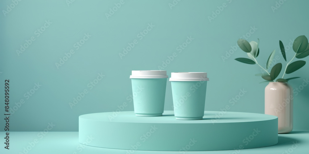 Minimalist setup with coffee cups and eucalyptus leaves on a pastel background, highlighting simplicity and elegance in design. Minimalist setup with coffee cups and eucalyptus leaves on a pastel background, highlighting simplicity and elegance in design.