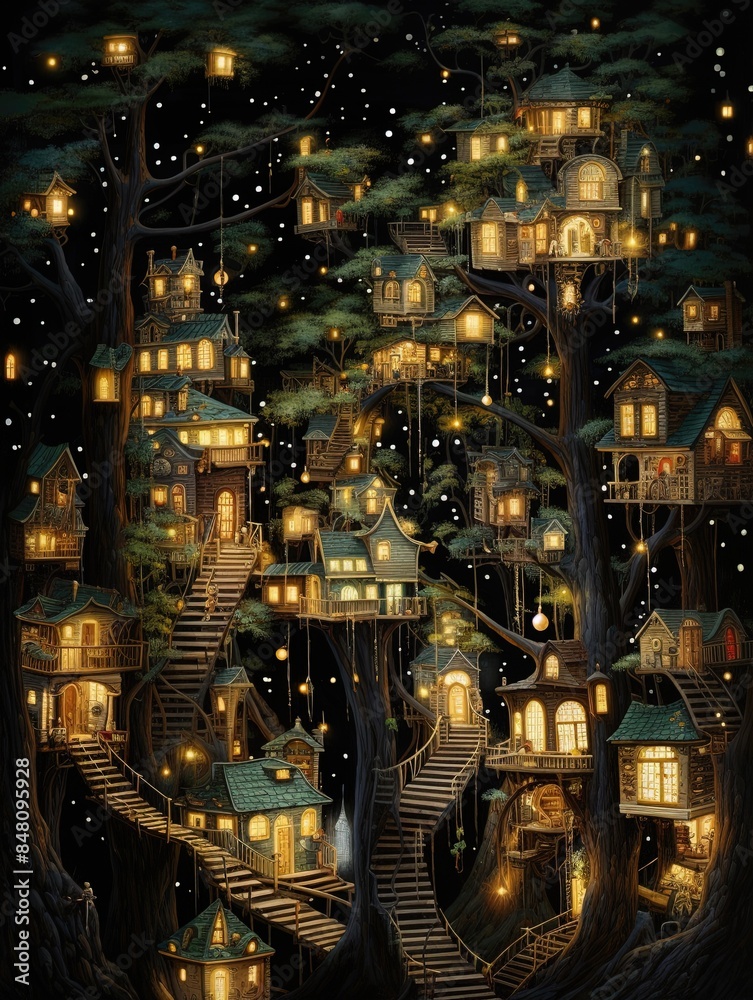 A mystery fairy village on a giant tree at night, whimsical fairy illustration A mystery fairy village on a giant tree at night, whimsical fairy illustration