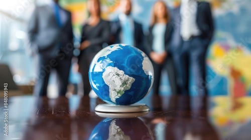 Corporate businesspeople standing around world globe, blurred background © millenius