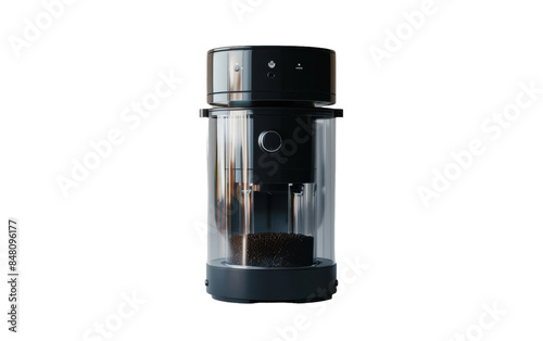 A black coffee grinder with a transparent hopper filled with ground coffee beans
