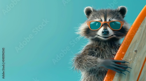 3D rendering of a happy raccoon wearing sunglasses and holding a surfboard. The raccoon is standing on a blue background and looking at the camera.