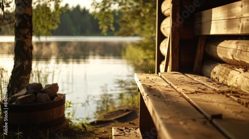 Close-up of a rustic Finnish sauna by a lake, focusing on the natural surroundings that enhance the sauna-going tradition.