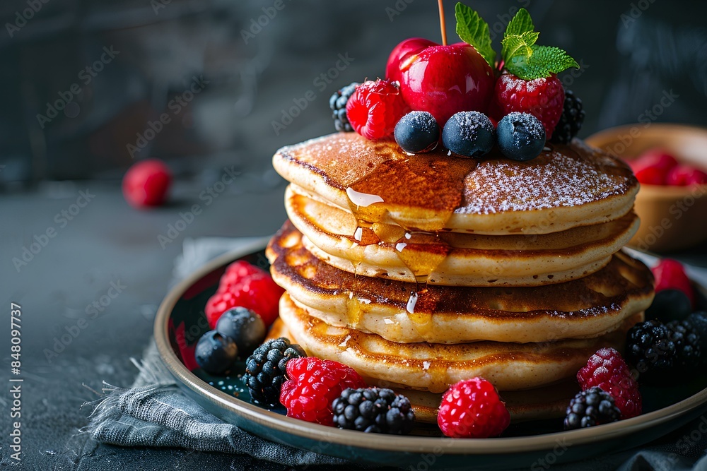 A stack of pancakes topped with berries and powdered sugar A stack of pancakes topped with berries and powdered sugar