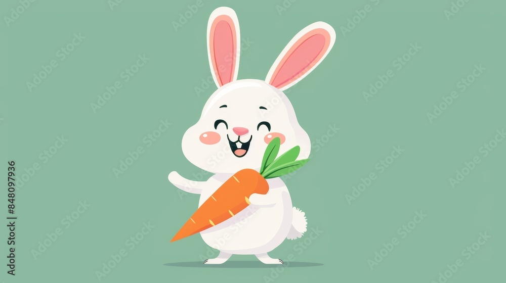 Fototapeta premium Flat vector of cartoon character of happy rabbit with carrot
