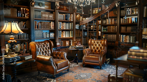 A luxurious, Victorian-era library with dark wood bookshelves, leather armchairs, and antique decor