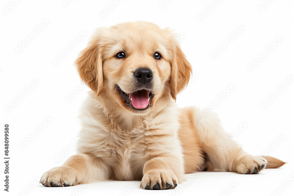 Beaming with joy, a chubby Golden Retriever puppy lies on the floor on a white background. Beaming with joy, a chubby Golden Retriever puppy lies on the floor on a white background.
