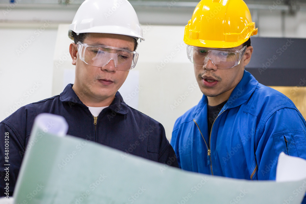 Asian man engineer worker discuss about factory project on planning paper with foreman at industrial plant industry. teamwork corporate people concept