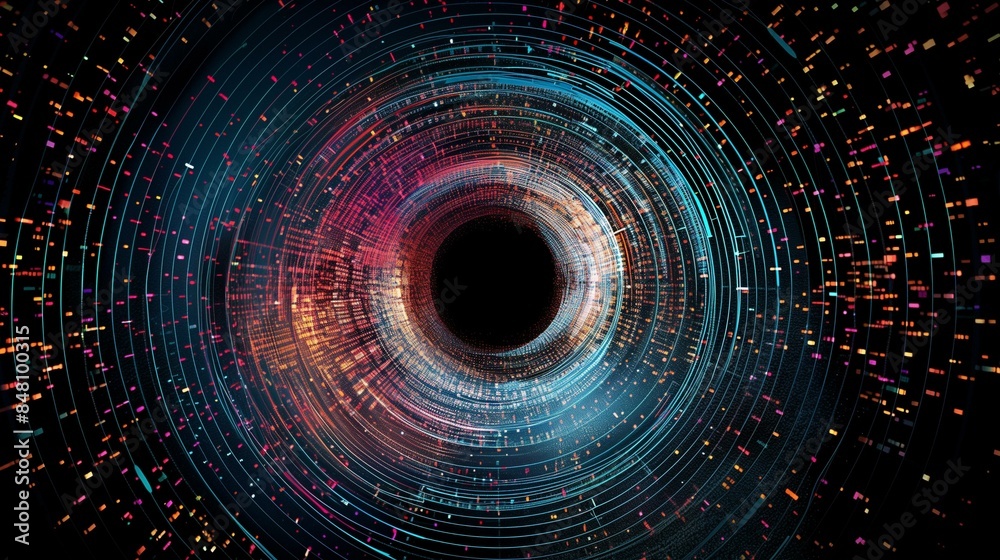 Colorful glowing concentric circles numbers letters data streams, information mathematics technology engineering