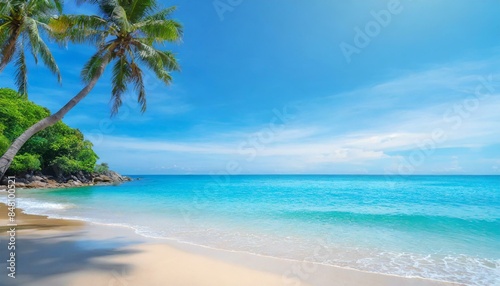 Summer vacation, tropical beach with blue sky and sea for relaxation, panoramic beach background, summer holiday with beautiful nature sand with nature sunlight, blue ocean water with Generative AI