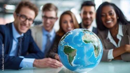 Corporate businesspeople standing around world globe, blurred background