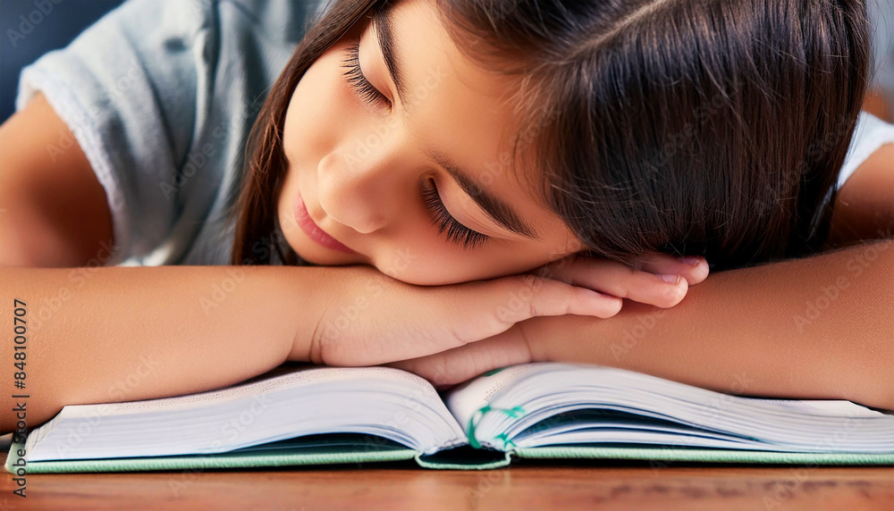 Close-up and front view of a lazy student girl at home resting with her head leaning on the open school book above the desk. Student falls asleep while studying, concept. Generative Ai. Close-up and front view of a lazy student girl at home resting with her head leaning on the open school book above the desk. Student falls asleep while studying, concept. Generative Ai.