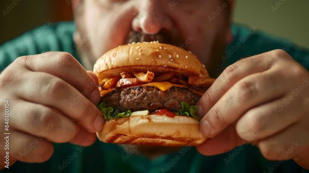 Close up, a photo of torso of an obese man stubble eating burgers in his hands, sitting at the table Close up, a photo of torso of an obese man stubble eating burgers in his hands, sitting at the table