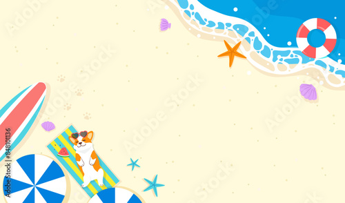 Summer sea beach background vector illustration. Cute Welsh Corgi dog sleeping on picnic mat at the beach
