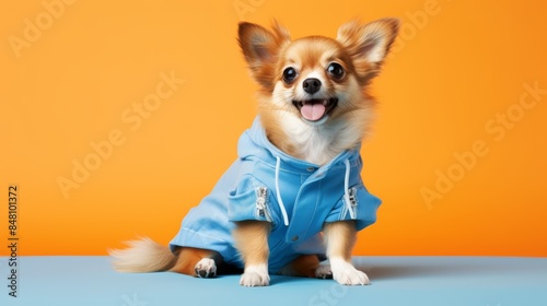 Charming dog in jumpsuit on orange background. Banner, copyspace