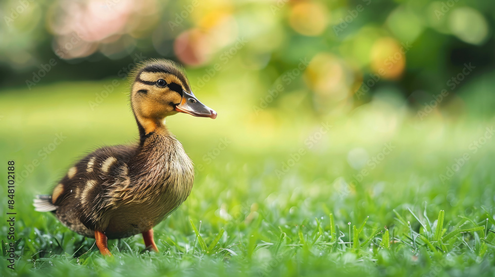 Close-up of yellow little duck on the green grass Close-up of yellow little duck on the green grass