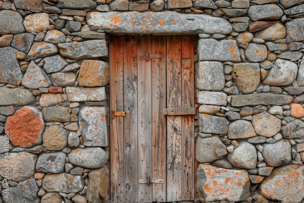Rustic Stone Wall with Wooden Door Rustic Stone Wall with Wooden Door