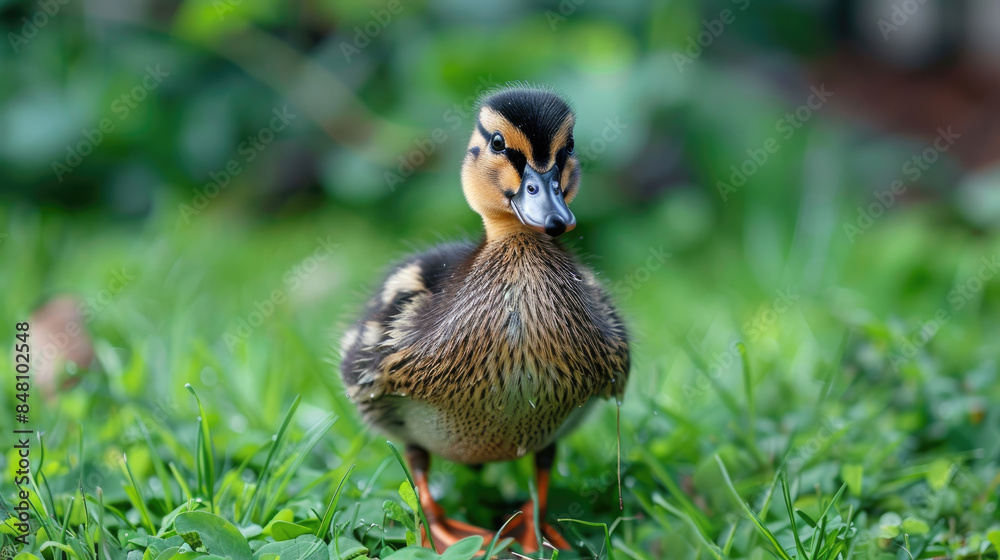 Close-up of yellow little duck on the green grass Close-up of yellow little duck on the green grass