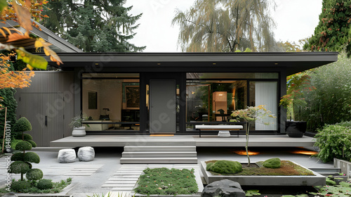 A minimalist studio with a flat roof, frameless windows, a gray front door, and a Zen garden at the entrance photo