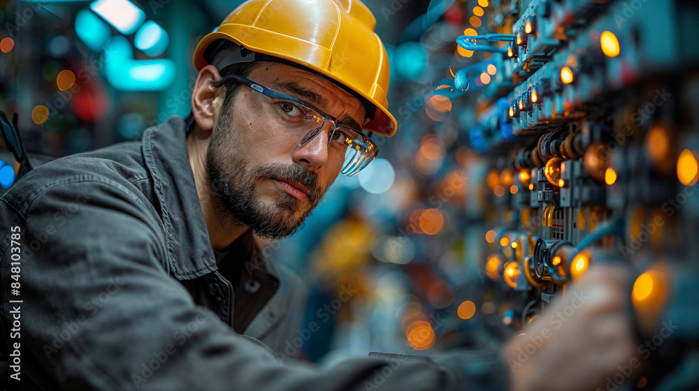 Professional electrician, maintenance worker, blur electrical installation background Professional electrician, maintenance worker, blur electrical installation background