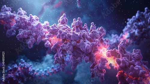 A close-up 3D visualization of a protein molecule with vibrant purple and orange colors © Multiverse