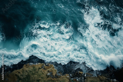 Aerial View of Waves Crashing on Rocky Shore