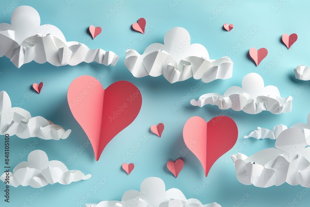 Paper Hearts and Clouds on Blue Background Paper Hearts and Clouds on Blue Background