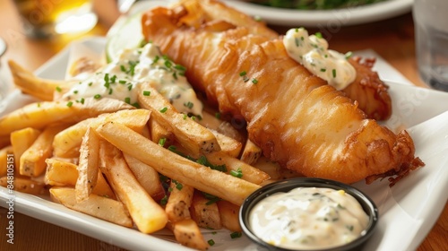 Classic British fish and fries with tartar sauce served on a white dish separated