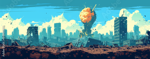 Radioactive fissures with split earth and buildings buried under the ruins. Vector flat minimalistic isolated illustration.