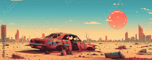 Post-apocalyptic desert with rusty car remains and burnt ruins of cities. Vector flat minimalistic isolated illustration.