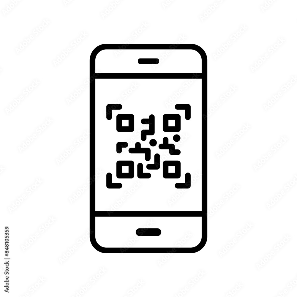 Phone scanning qr code icon. Phone qr-code scanner outline vector illustration isolated on white background. Phone scanning qr code icon. Phone qr-code scanner outline vector illustration isolated on white background.