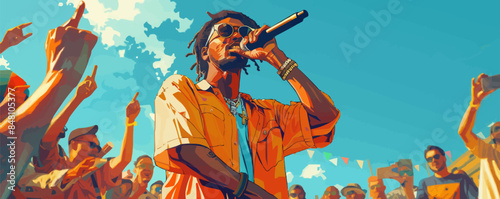 Rapper with a microphone at a street concert. Image of an artist interacting with the audience and performing his hits under the open sky. Vector flat minimalistic isolated illustration