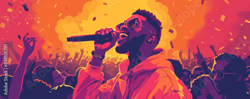 Rapper with a microphone at an urban festival. Image of an artist attracting attention with his talent and charisma. Vector flat minimalistic isolated illustration