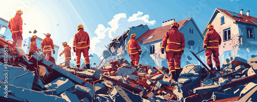 Rescuers in uniform and helmets dismantle the rubble of houses after the earthquake. vector simple illustration