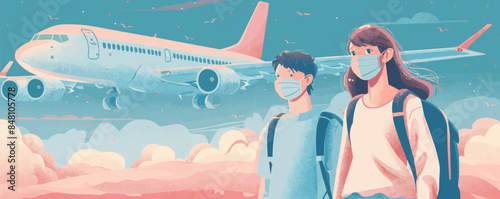 Safe travel concept. Tourists traveling during a pandemic. Man and woman wearing medical masks on the sky background with a plane. Passengers staying safe from coronavirus. Vector flat minimalistic